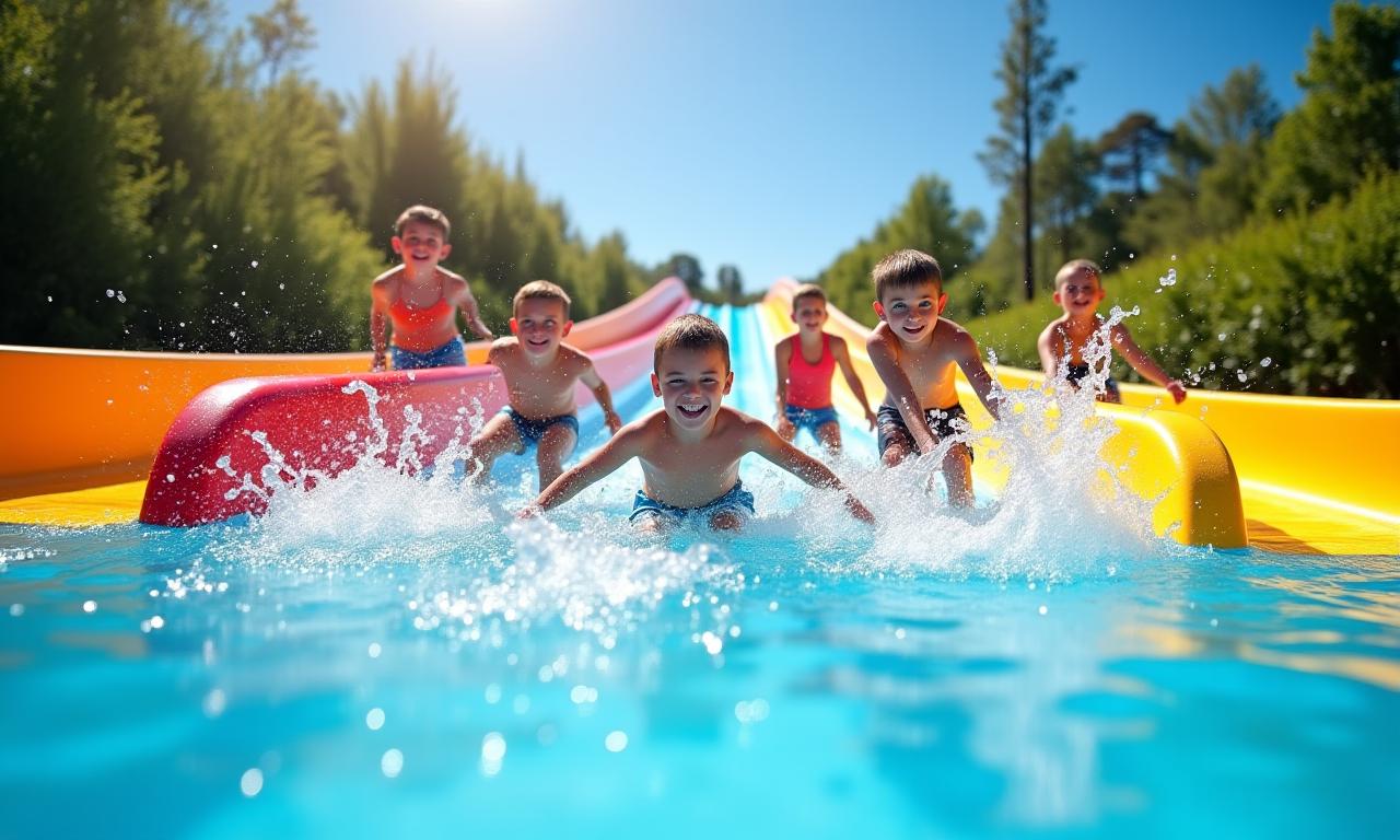 Children happily playing on a vibrant, modern water slide