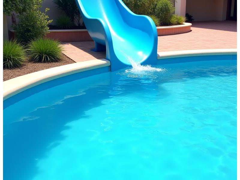 Curving blue water slide leading into a hotel swimming pool with lounge chairs.