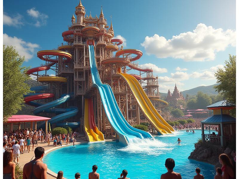 Large, elaborate water ride structure within a vibrant theme park setting.
